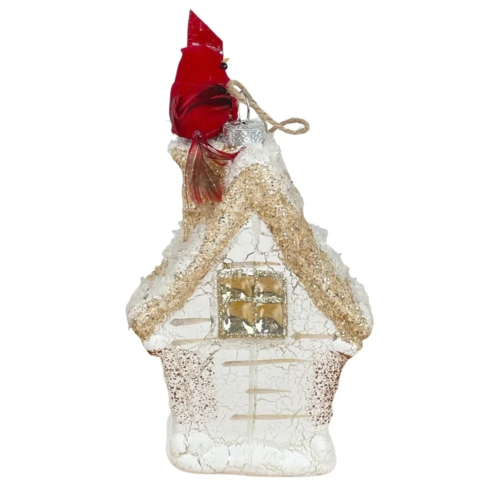 Pottery Barn Glass Christmas Cottage Ornament Red Cardinal Trees Glitter Trim